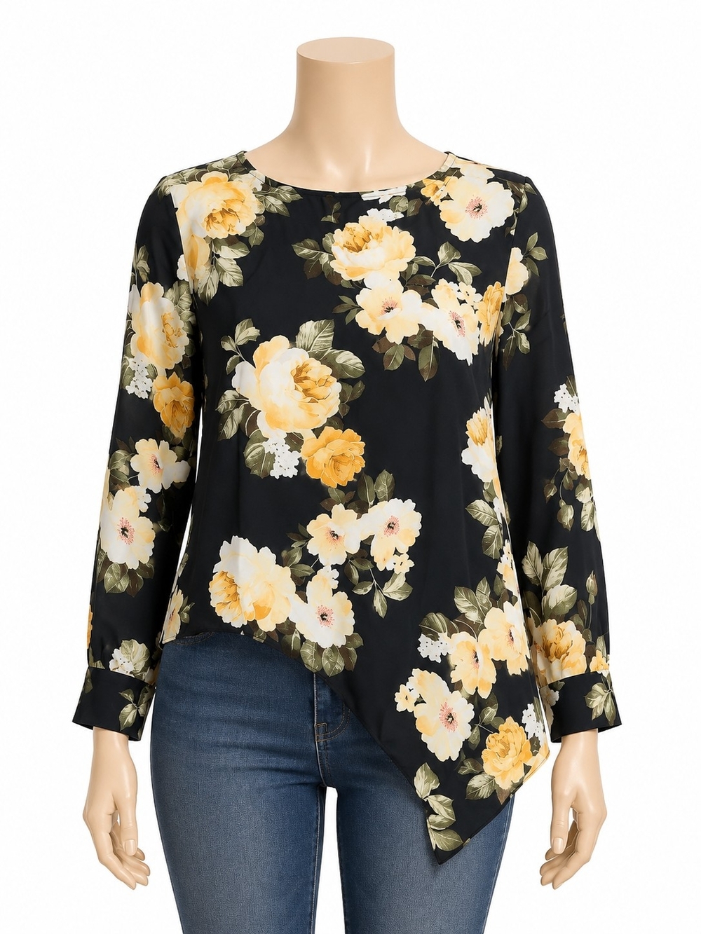 Floral Asymmetric Hem Long-Sleeve Top - Black & Yellow